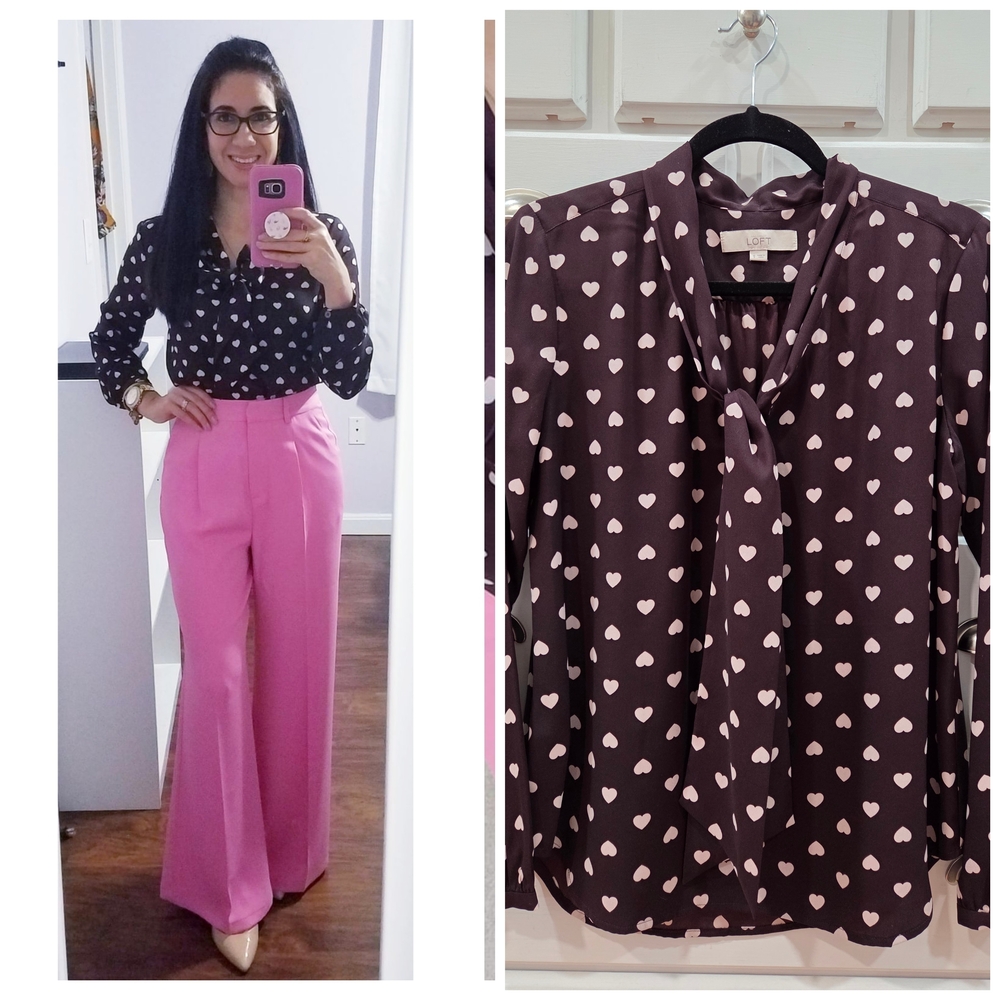 LOFT Black Blouse with Pink Heart Print Tie-Neck